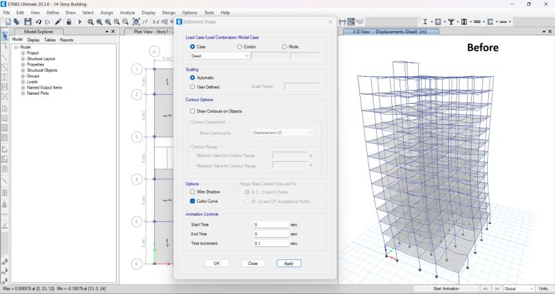 Figure 1: Structural Model, FEA Stress Distribution & Analysis Output for Performance Based Seismic Design
