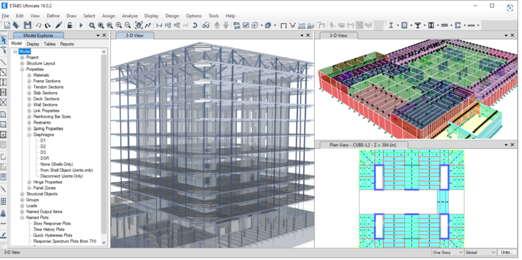 Figure 1: Structural Model, FEA Stress Distribution & Analysis Output for Raft Foundation Design