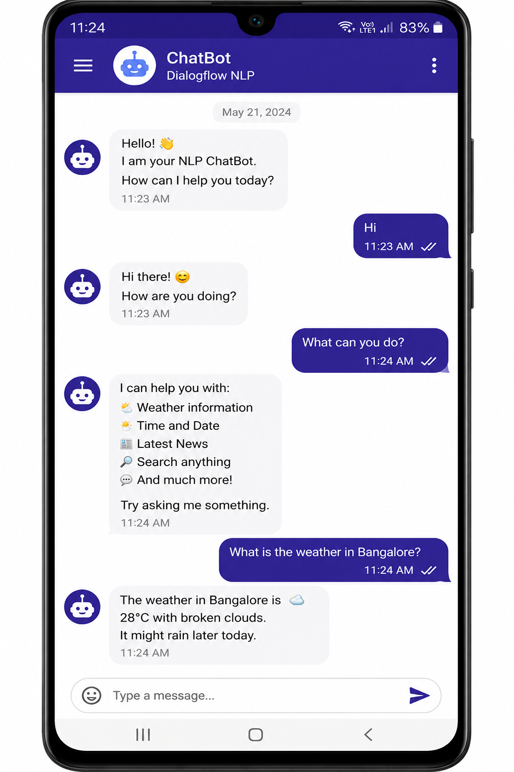 Android chatbot NLP Dialogflow MCA project Bangalore