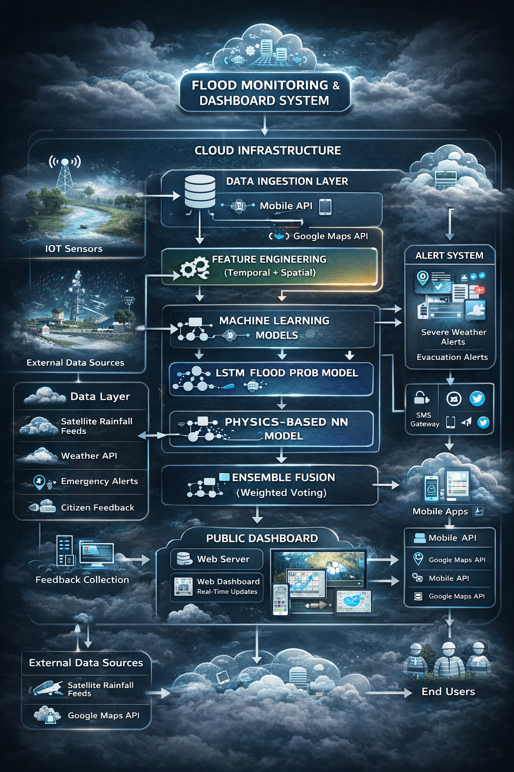 Figure 1: System Model, Architecture & Empirical Results for Flood Early Warning IoT