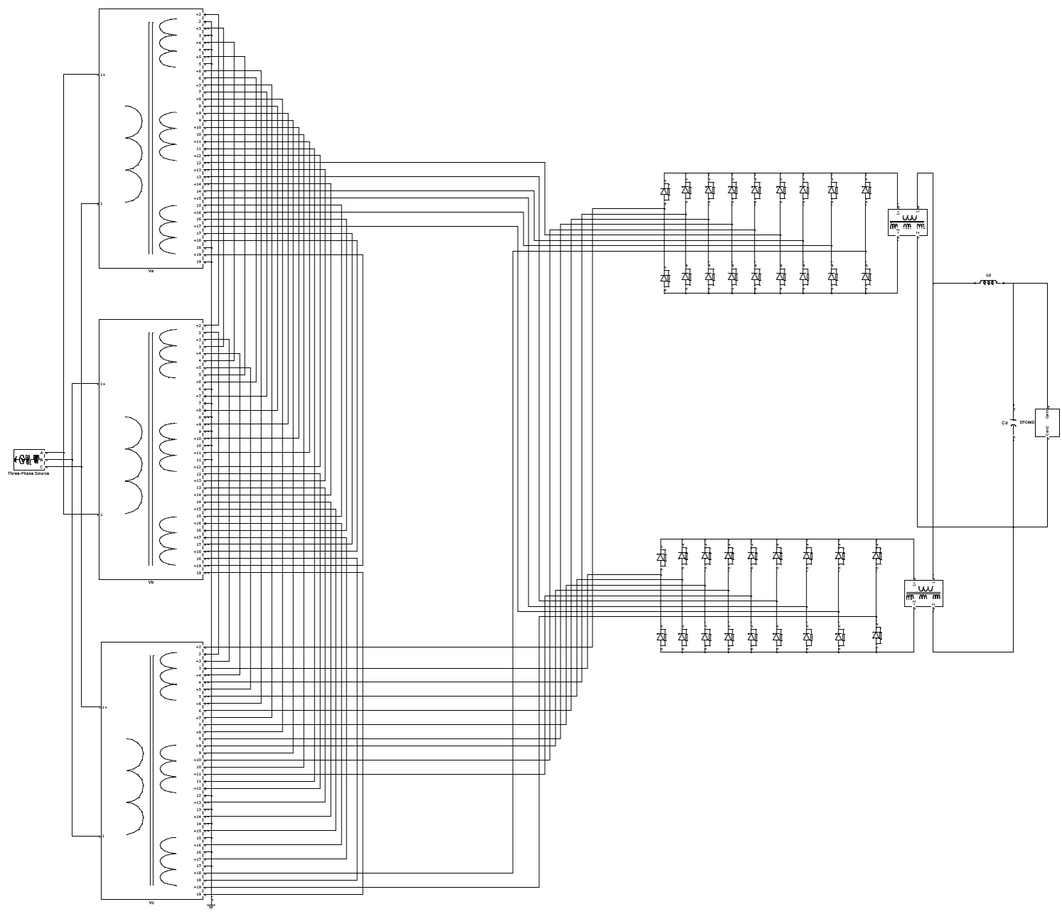 Figure 2: Simulink Block Model, Power Circuit & Switching Waveform for Harmonic Mitigation MATLAB Simulink