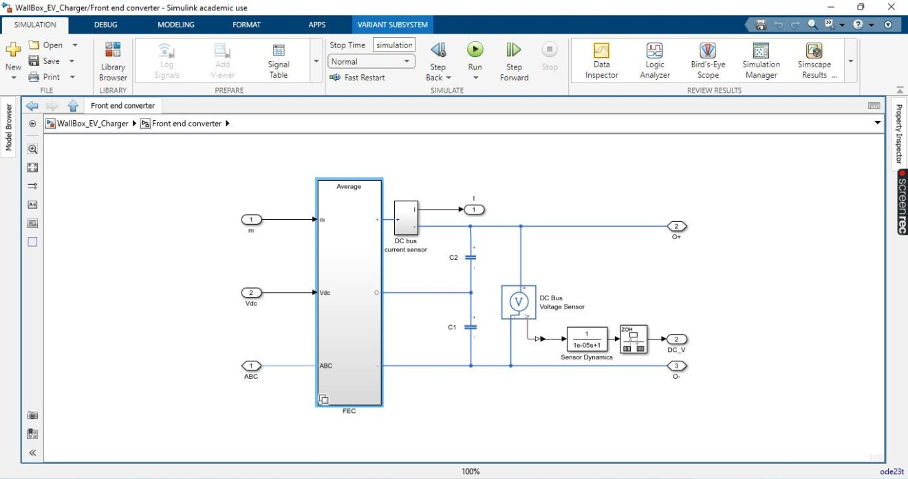 Figure 2: Simulink Block Model, Power Circuit & Switching Waveform for Level 1 EV Charger MATLAB