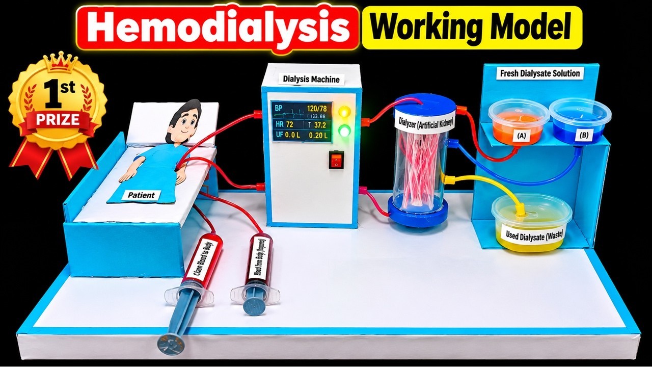 Figure 3: Working Model Setup, Scientific Diagram & Project Prototype for Artificial Kidney Hemodialysis Hollow Fiber Filter Model