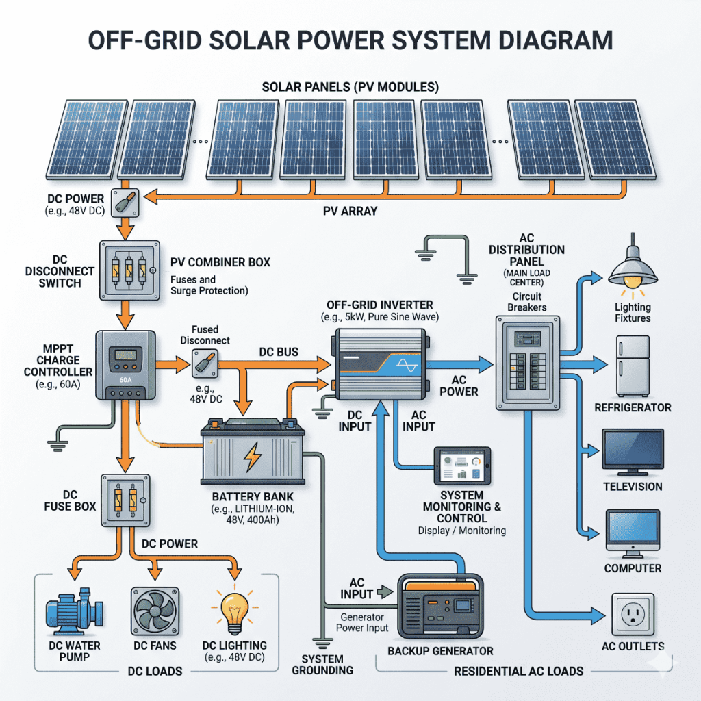 Figure 1: System Model, Architecture & Empirical Results for Off Grid Solar System Project