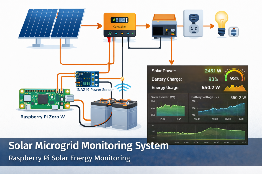 Figure 1: System Model, Architecture & Empirical Results for Raspberry Pi Based Solar Monitoring System