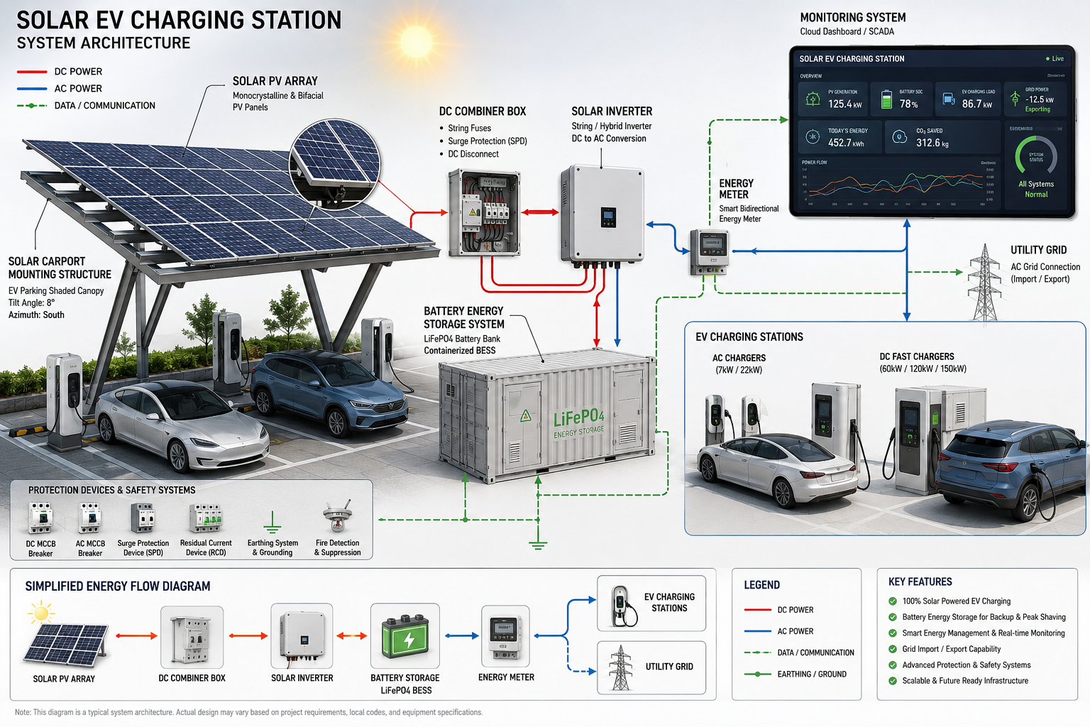 Figure 1: System Model, Architecture & Empirical Results for Solar Powered Ev Charging Station Project Report