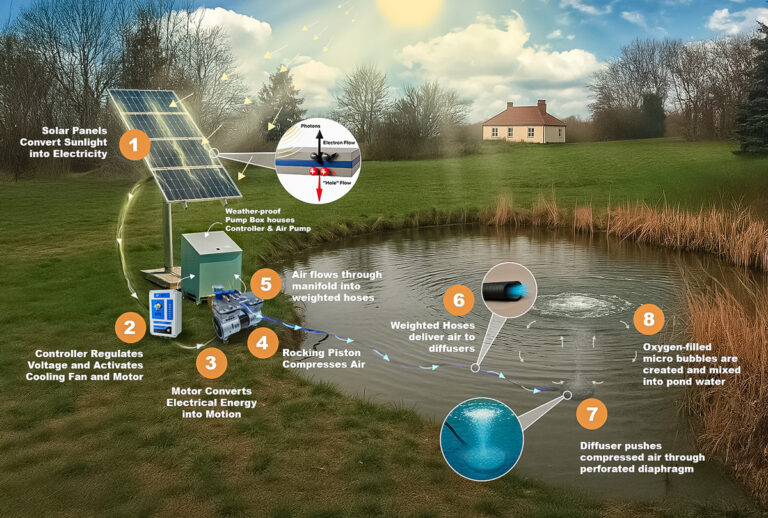Figure 1: System Model, Architecture & Empirical Results for Solar Powered Water Aeration For Fish Hatchery