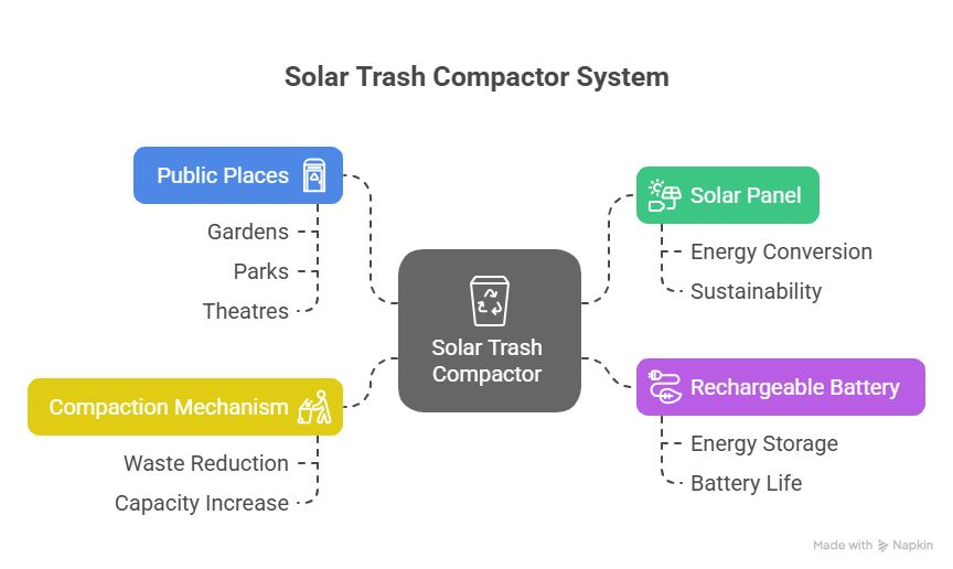 Figure 1: System Model, Architecture & Empirical Results for Solar Trash Compactor Project For College Campus