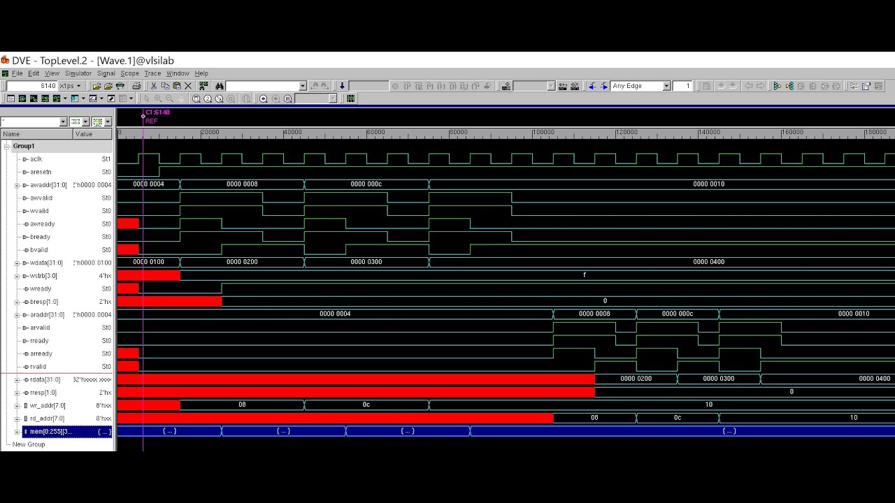 AMD Vivado simulation waveform screen for AXI4-Lite Slave in Verilog