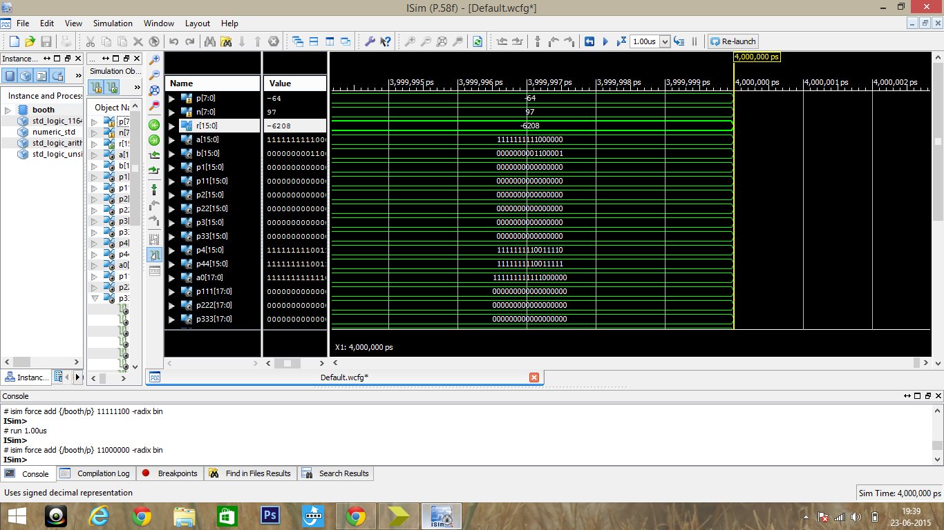 Cadence Virtuoso simulation waveform screen for Booth Multiplier in VLSI
