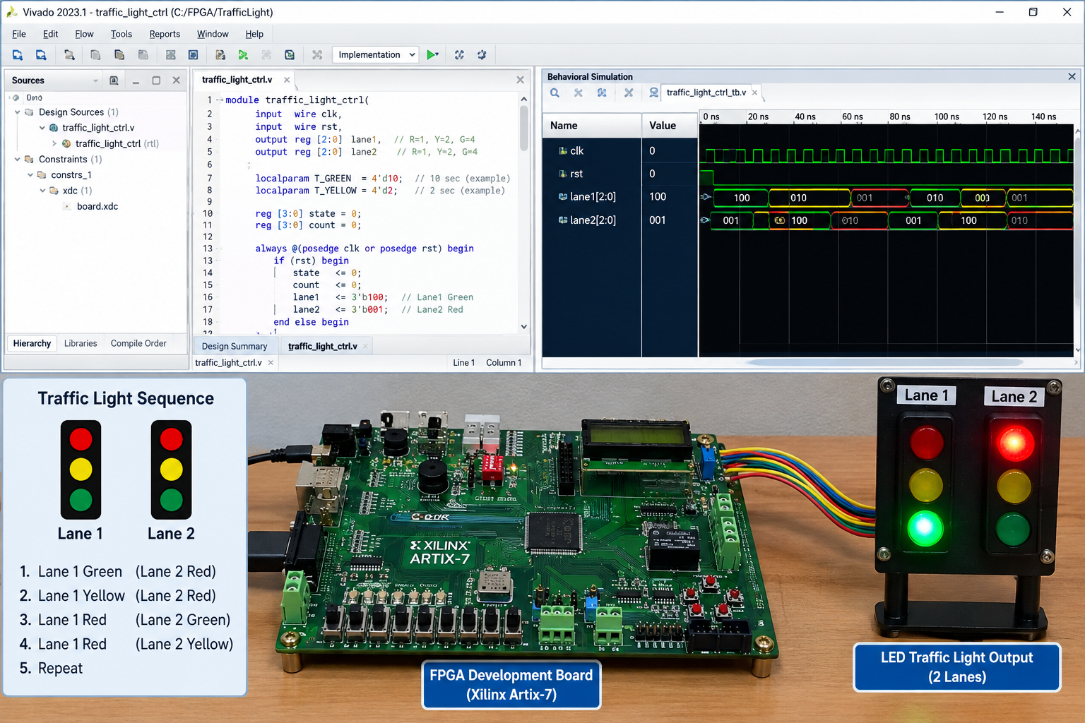 AMD Vivado simulation waveform screen for FPGA-Based Traffic Light Controller