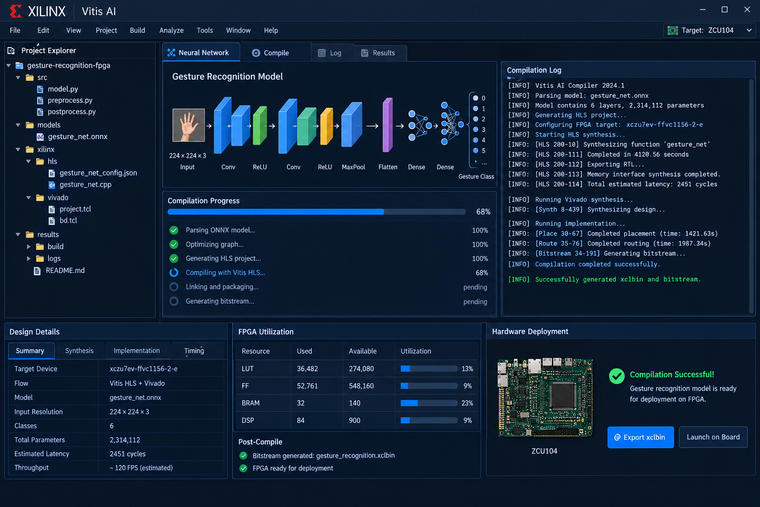 AMD Vitis HLS simulation waveform screen for Neural Network Hardware Accelerator
